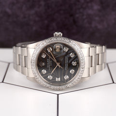 Rolex Date 34mm Ladies 1.5ct Grey Palm Diamond Dial Steel Oyster Watch 15000
