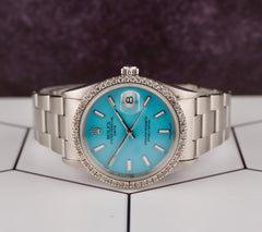 Rolex Date 34mm Ladies 1.5ct Prong Baby Blue Dial Steel Watch 15000