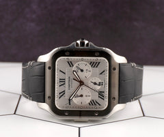 Cartier Santos XL Chronograph 44mm Mens Silver Roman Leather Steel Watch 4183