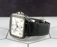 Cartier Santos XL Chronograph 44mm Mens Silver Roman Leather Steel Watch 4183