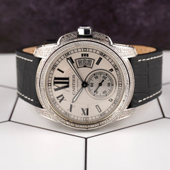 Cartier Calibre 42mm Men's Steel Watch White Dial Iced 2.5ct Diamonds Ref 3389