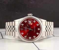 Rolex 36mm Datejust Steel Engine-Turned Red Dial Watch 16030