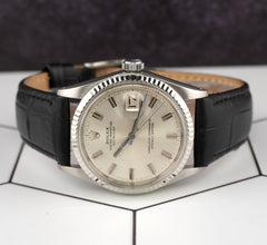 Vintage Rolex Men's 36mm Datejust Fluted Steel Watch Silver Dial Leather 1601