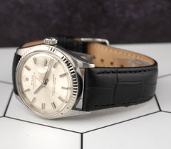 Vintage Rolex Men's 36mm Datejust Fluted Steel Watch Silver Dial Leather 1601