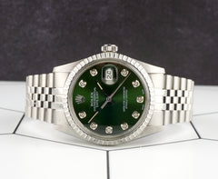 Rolex 36mm Datejust Steel Engine-Turned Jubilee Green Dial Watch 16030
