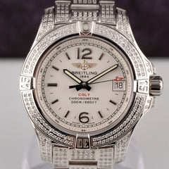 Breitling 33mm Colt Lady 3ct Iced Diamonds White Dial Steel Womens Watch A77388