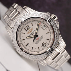 Breitling 33mm Colt Lady 3ct Iced Diamonds White Dial Steel Womens Watch A77388