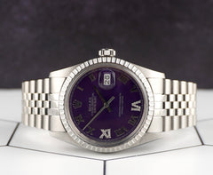 Rolex 36mm Datejust Steel Engine-Turned Jubilee Purple Roman Dial Watch 16030
