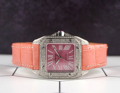 Cartier Santos 100 33mm 2.5ct Diamond Pink Roman Dial Leather Band Watch 2878