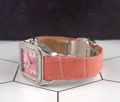 Cartier Santos 100 33mm 2.5ct Diamond Pink Roman Dial Leather Band Watch 2878