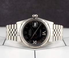 Rolex 36mm Datejust Steel Fluted Black Roman Dial Watch 16014