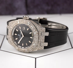 AUDEMARS PIGUET Lady Royal Oak 33mm Iced 8ct Diamonds Black Dial Watch 67620ST