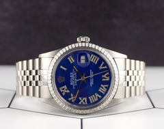 Rolex 36mm Datejust Engine-Turned Jubilee Blue Roman Diamond Dial Watch 16030