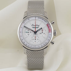 Breitling Top Time 41mm Steel Fixed Bezel White Dial Mesh Band AB0176
