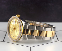 Rolex 34mm Date 18k Yellow Gold/Steel 1ct Diamonds Gold Dial Watch 15223