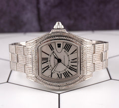 Cartier Roadster GMT XL 42mm Men's Steel Watch Iced 8ct Diamonds Roman Ref 3312