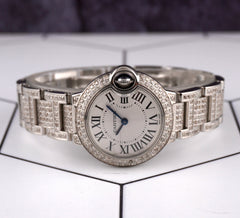 Cartier Ballon Bleu Ladies Watch 29mm Iced Out 6ct Diamonds Steel Quartz 3009