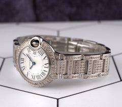 Cartier Ballon Bleu Ladies Watch 29mm Iced Out 6ct Diamonds Steel Quartz 3009