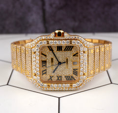 Cartier Santos Mens 39.8mm 18k Yellow Gold Watch Iced Out 25ct Diamonds 4070