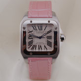 Cartier Santos 100 33mm Steel Silvere Dial Fixed Pink Leather Band W20126X8