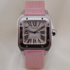 Cartier Santos 100 33mm Steel Silvere Dial Fixed Pink Leather Band W20126X8