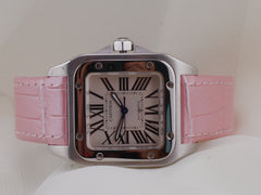 Cartier Santos 100 33mm Steel Silvere Dial Fixed Pink Leather Band W20126X8