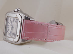 Cartier Santos 100 33mm Steel Silvere Dial Fixed Pink Leather Band W20126X8