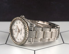 Rolex 34mm Airking Iced Out 7ct Diamond White Mop Dial Oyster Steel Watch 114200