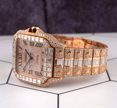 Cartier Santos 18k Rose Gold Baguette 39.8mm Iced 30ct Genuine Diamonds 4071