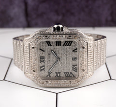 Cartier Santos Large 40mm Men's Steel Roman Iced Out 12ct Diamonds Watch 4072