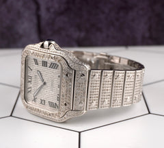 Cartier Santos Large 40mm Men's Steel Roman Iced Out 12ct Diamonds Watch 4072