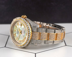 Rolex 36mm Datejust 18k YG/Steel 15ct Iced Out White Mop Diamond Dial 116203