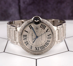 Cartier Ballon Bleu 42mm Iced 10ct Diamonds Steel Mens Watch Roman Auto 3765
