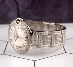 Cartier Ballon Bleu 42mm Iced 10ct Diamonds Steel Mens Watch Roman Auto 3765