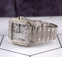 Cartier Santos Medium 35mm Custom Iced 13ct Diamonds Ladies Steel Watch 4075