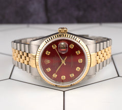 Rolex Datejust 36mm 18k Yellow Gold & Steel Fluted Red Diamond Dial Watch 16013