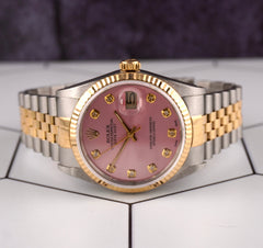 Rolex Datejust 36mm 18k Yellow Gold & Steel Fluted Pink Diamond Dial Watch 16013