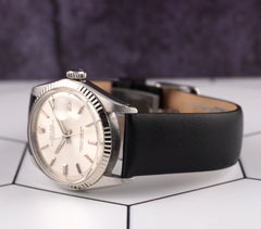 Rolex 36mm Datejust Mens Steel Watch Fluted Leather Band Silver Dial 1601