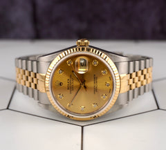 Rolex Datejust 36mm 18k Yellow Gold & Steel Fluted Gold Diamond Dial Watch 16013