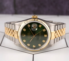 Rolex Datejust 36mm 18kYellow Gold & Steel Fluted Green Diamond Dial Watch 16013