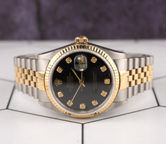 Rolex Datejust 36mm 18kYellow Gold & Steel Fluted Black Diamond Dial Watch 16013