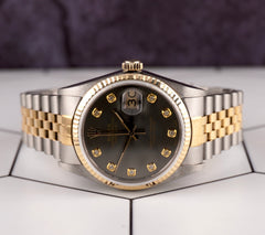 Rolex Datejust 36mm 18k Yellow Gold & Steel Fluted Grey Diamond Dial Watch 16013