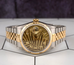 Rolex Datejust 36mm 18kYG 2-Tone Fluted Gold Palm Motif Diamond Dial Watch 16013