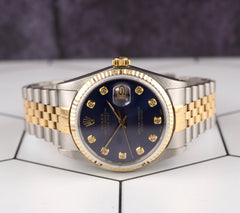 Rolex Datejust 36mm 18k YG 2-Tone Fluted Dark Blue Diamond Dial Watch 16013