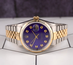 Rolex Datejust 36mm 18k YG 2-Tone Fluted Royal Blue Diamond Dial Watch 16013