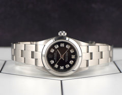 Rolex Oyster Perpetual 25mm Stainless Steel Black Diamond Dial Watch 67180