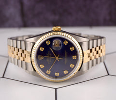 Rolex Datejust 36mm Yellow Gold Fluted Dark Blue Diamond Dial Jubilee Watch