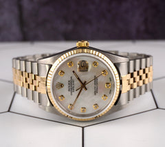 Rolex Datejust 36mm Yellow Gold Fluted White Mop Diamond Dial Jubilee Watch
