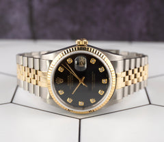 Rolex Datejust 36mm Yellow Gold Fluted Black Diamond Dial Jubilee Watch