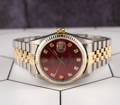 Rolex Datejust 36mm Yellow Gold Fluted Red Diamond Dial Jubilee Watch